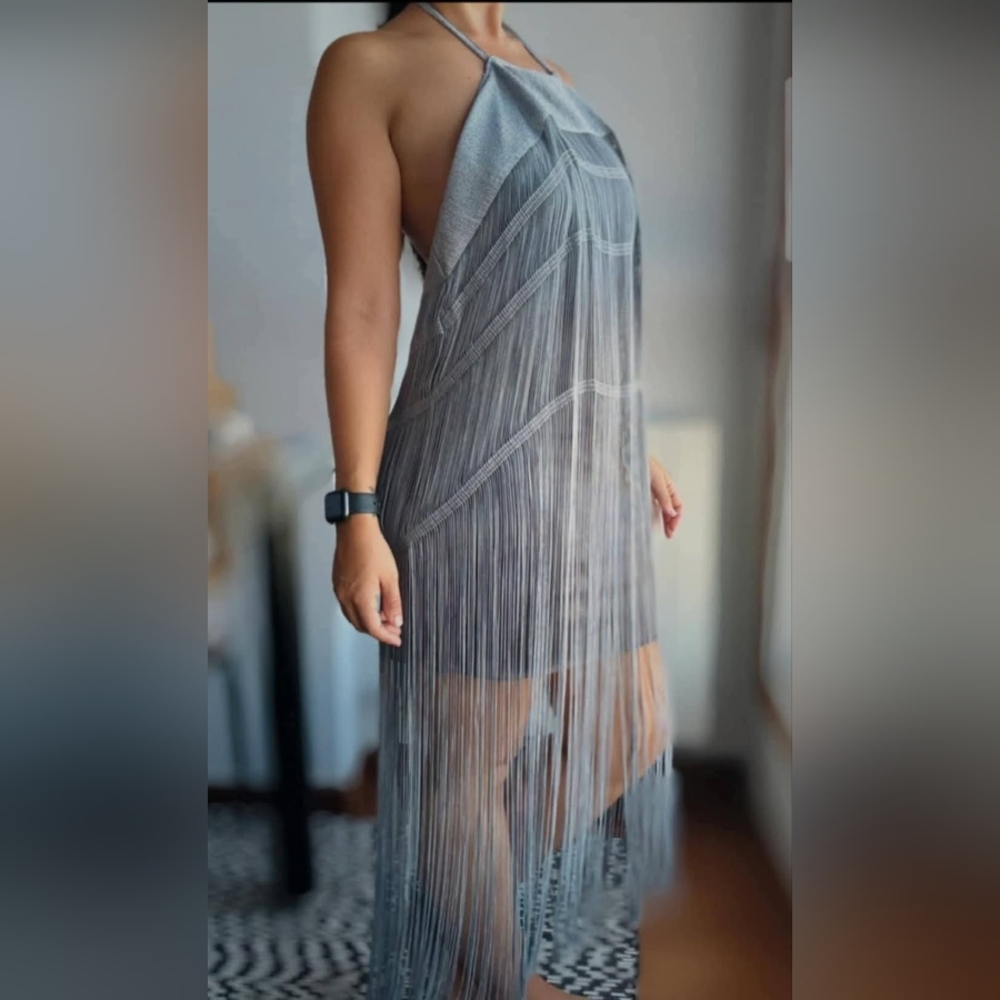 NWT Zara FRINGED MINI DRESS SILVER GRAY 9029/811